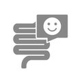 Intestine with happy face in chat bubble grey icon. Healthy internal symbol.