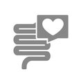 Intestine with heart in chat bubble grey icon. Healthy internal organ symbol.