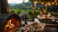 Romantic outdoor evening meal by a wood fired oven with pizza, wine, and soft lighting. a cozy dinner in nature. AI