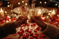 An intimate candlelit dinner: two toasting champagne glasses, table adorned with rose petals, and the soft candlelight Royalty Free Stock Photo