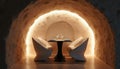 Intimate cave-like restaurant setting perfect for romantic dinners. Two modern white chairs flank table set with plates, wine Royalty Free Stock Photo