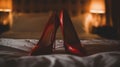 Intimate Elegance: Red High Heels on a Soft Bed. Generative ai Royalty Free Stock Photo