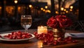 An intimate evening setting with vibrant red roses in a brass vase, scattered petals on a plate, a glowing candle, and a glass of