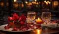 An intimate evening setting with vibrant red roses in a brass vase, scattered petals on a plate, a glowing candle, and a glass of