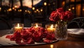 An intimate evening setting with vibrant red roses in a brass vase, scattered petals on a plate, a glowing candle, and a glass of