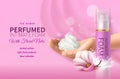 Intimate foam poster. Realistic cosmetic bottle with blank label. Washing product foe women body hygiene, gentle skin