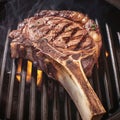 Intimate grill moment Close up of succulent beef tomahawk steak searing