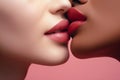 Intimate Moment: A Close-Up of a Tender Kiss with Contrasting Lipstick Shades. Generative ai