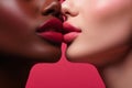 Intimate Moment: A Close-Up of a Tender Kiss with Contrasting Lipstick Shades. Generative ai