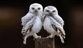 Intimate Moment of Two Little Owlets, Athene noctua, Perched Harmoniously in Rustic Setting, Showcasing Soft Feathers and Sharp Royalty Free Stock Photo