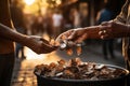 Close-up Of Person\'s Hand Putting Coins Into Basket On Street Ai generative
