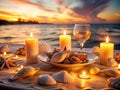 Intimate Sunset Seafood Dinner A Romantic Table Setting with Elegant Ambiance Royalty Free Stock Photo