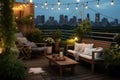 Intimate urban rooftop terrace, string lights, and plants, overlooking a city skyline at twilight.