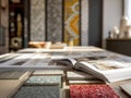Close-up of textured material samples and an open design book on a wooden table with patterned fabric rolls and decorative Royalty Free Stock Photo