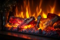 Intimate warmth electronic fireplace glows with close up orange yellow flames Royalty Free Stock Photo
