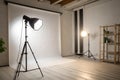 Intimate white backdrop studio corner with softbox and lamp Royalty Free Stock Photo