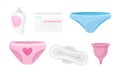 Intimate Woman Hygiene with Sanitary Towels and Menstrual Cup Vector Set