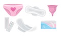 Intimate Woman Hygiene with Sanitary Towels and Tampons Vector Set