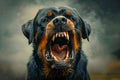 Intimidating Black and Tan Rottweiler Dog Snarling Aggressively with Bared Teeth Against a Stormy Sky Background
