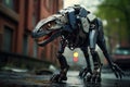 Intimidating Robotic dinosaur urban street square. Generate Ai