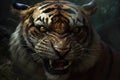 An intimidating sabertoothed tiger its gaze locking with its prey in a deadly stalemate.. AI generation