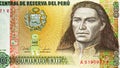 500 Intis banknote, Bank of Peru, closeup bill fragment shows Jose Gabriel Condorcanqui Tupac Amaru II