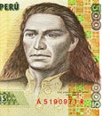 500 Intis banknote, Bank of Peru, closeup bill fragment shows Jose Gabriel Condorcanqui Tupac Amaru II Royalty Free Stock Photo