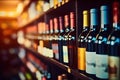 Intoxicating Elegance Abstract Blurred Wine Bottles Adorning the Shelves of a Supermarket Store. created with Generative AI