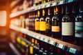 Intoxicating Elegance Abstract Blurred Wine Bottles Adorning the Shelves of a Supermarket Store. created with Generative AI
