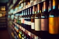 Intoxicating Elegance Abstract Blurred Wine Bottles Adorning the Shelves of a Supermarket Store. created with Generative AI