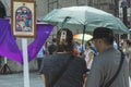 Intramuros, Manila, Philippines - Devotees pray at stations of the cross placed outside the church of San Agustin