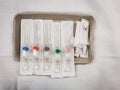 Intravenous cannula in a tray.