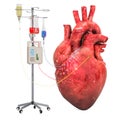 Intravenous therapy system with human heart. Treatment of heart disease concept, 3D rendering