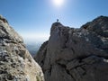 Intrepid and adventurous explorer`s hikes in wild mountains