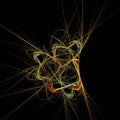 Intricate abstract digital artwork featuring colorful, tangled light threads against a