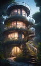 Intricate advanced design of a house made in the form of a spiral with large panoramic windows in the forest Royalty Free Stock Photo