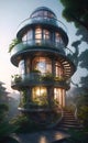 Intricate advanced design of a house made in the form of a spiral with large panoramic windows in the forest Royalty Free Stock Photo