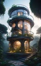 Intricate advanced design of a house made in the form of a spiral with large panoramic windows in the forest Royalty Free Stock Photo