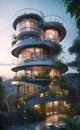 Intricate advanced design of a house made in the form of a spiral with large panoramic windows in the forest Royalty Free Stock Photo