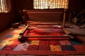 Intricate African Textile Weaving Loom: Mahogany, Clay Walls, and Vibrant Patterns