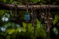 an intricate antique door lock suspended from a sturdy tree branch.