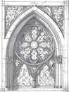 Intricate architectural drawing of a Gothic-style window, featuring a pointed arch