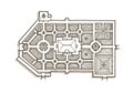 Intricate architectural plan resembling a formal garden layout with a central structure. Features Royalty Free Stock Photo
