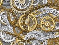 An intricate arrangement of golden and silver gears and chains forming a complex mechanical Royalty Free Stock Photo
