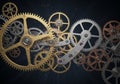 An intricate arrangement of interlocking gears in various sizes, showcasing an assemblage of Royalty Free Stock Photo