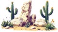 Intricate array of desert scenery components - stones, cacti, and plants.