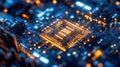 An intricate array of networking chips and components showcasing bright lights that blink rhythmically illustrating the