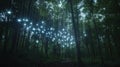 An intricate array of sensors is suspended from branches with LED indicators blinking softly. AR projections illustrate