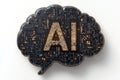 Intricate artificial intelligence concept featuring dark metallic brain circuitry illuminated AI text blending futuristic