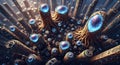 Abstract futuristic city with organic and technological elements, glowing orbs, and interconnected structures, a vision of future Royalty Free Stock Photo
